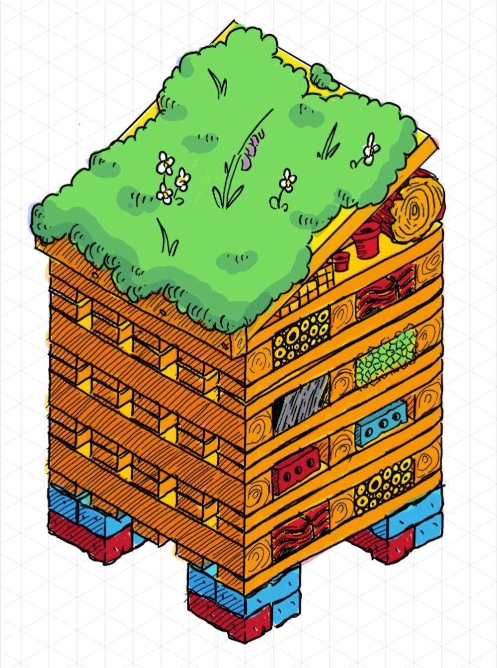 Illustration of an insect hotel made of stacked pallets